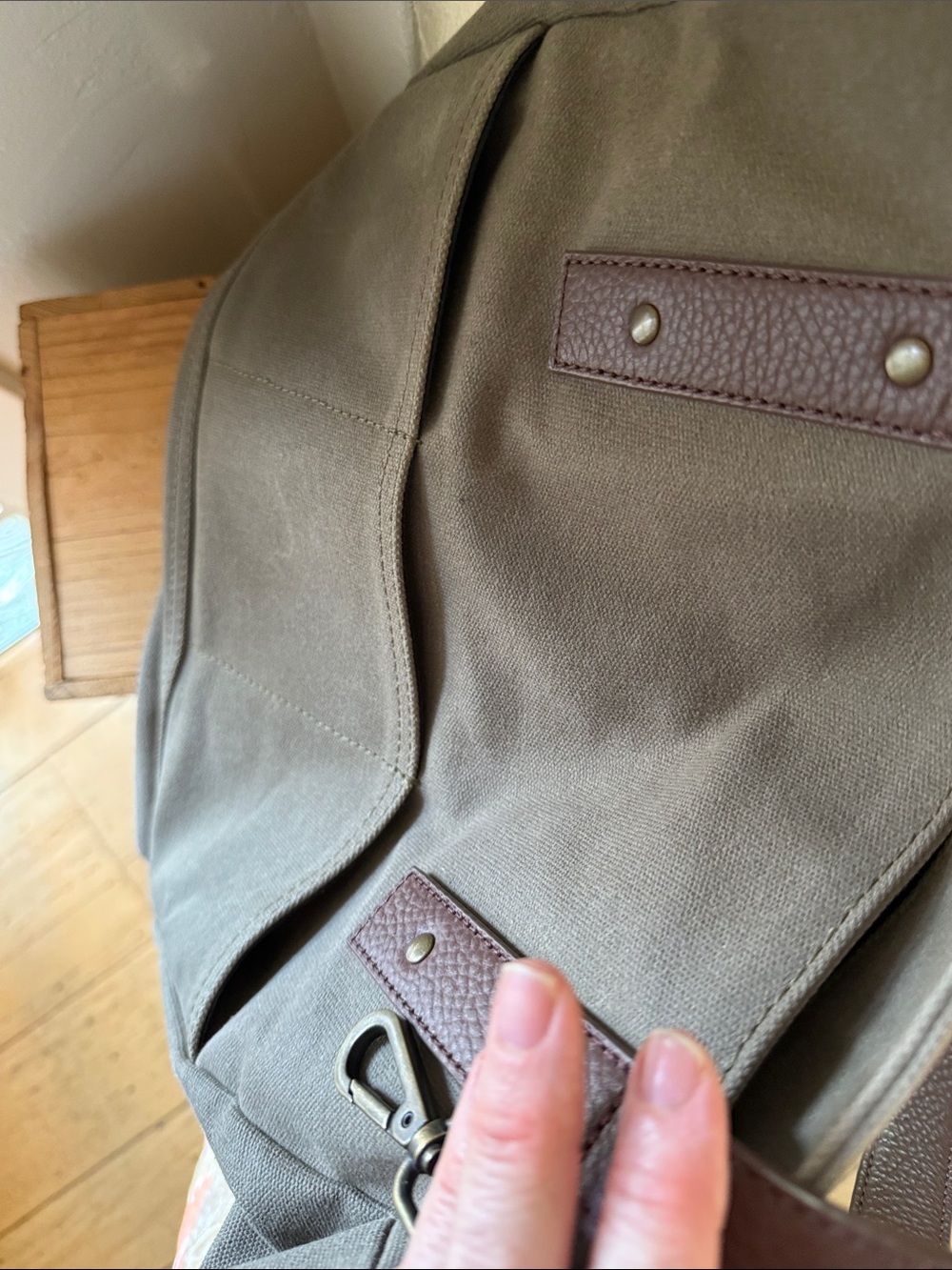 Quince Canvas Tote Bag with Brown Leather Handles - Olive - Picture 6 of 7